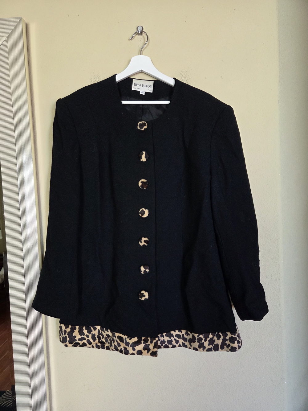 Vintage 100% Wool Black Jacket with Leopard-Accent Buttons and Hem